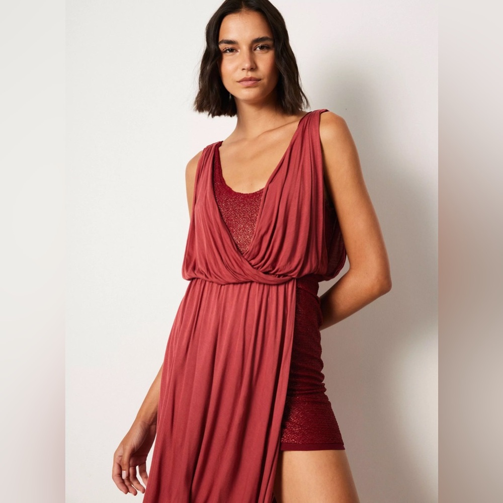 Free People Eleanor Dress Draped Overlay Asymmetrical Tuscan Red Small Holiday